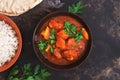 Chicken tikka masala with rice. Asian-Indian dish. Top view, copy space. Royalty Free Stock Photo