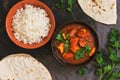 Chicken tikka masala with rice. Asian-Indian dish. Top view, flat lay Royalty Free Stock Photo