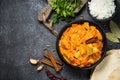 Chicken tikka masala with rice on black top view. Royalty Free Stock Photo