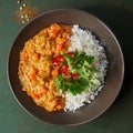 Chicken tikka masala spicy curry meat food in marbre plate with rice and spices on dark gray background. Close up. Top view