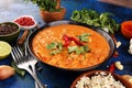 Chicken tikka masala spicy curry meat food in pot with rice and naan bread. indian food Royalty Free Stock Photo