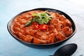 Chicken tikka masala spicy curry meat food in pot with rice and naan bread. indian food on table Royalty Free Stock Photo