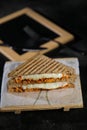 Chicken Tikka Mint Grilled Sandwich isolated on wooden board side view of fast food on dark background Royalty Free Stock Photo