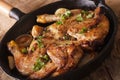 Chicken tobacco with herbs and garlic in a pan close-up. horizon Royalty Free Stock Photo