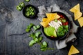 Chicken tortilla chili soup with nachos, avocado, lime, jalapeno. Mexican traditional dish.