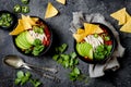 Chicken tortilla chili soup with nachos, avocado, lime, jalapeno. Mexican traditional dish.