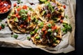 Chicken tostadas on crumpled baking paper