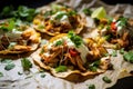 Chicken tostadas on crumpled baking paper