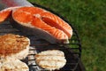 Chicken or turkey burger and salmon steak on grill Royalty Free Stock Photo