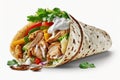 Chicken and Vegetable Burrito Wrap or Shawarma Isolated on a White Background. AI Royalty Free Stock Photo