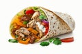 Chicken and Vegetable Burrito Wrap or Shawarma Isolated on a White Background. AI Royalty Free Stock Photo