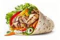 Chicken and Vegetable Burrito Wrap or Shawarma Isolated on a White Background. AI Royalty Free Stock Photo