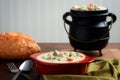 Chicken vegetable cream soup in red bowl Royalty Free Stock Photo