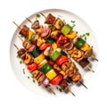 Chicken And Vegetable Kabobs On White Plate On A White Background Royalty Free Stock Photo