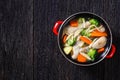 Chicken vegetable soup with pasta in red pot Royalty Free Stock Photo