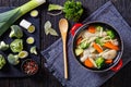 Chicken vegetable soup with pasta in red pot Royalty Free Stock Photo