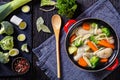 Chicken vegetable soup with pasta in red pot Royalty Free Stock Photo