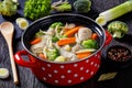 chicken vegetable soup with pasta in red pot Royalty Free Stock Photo