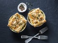 Chicken and vegetables portion pot pie on a dark background, top view. Royalty Free Stock Photo