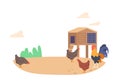Chicken Walking On Rustic Farmyard. Concept of Rural Life And Agriculture With Hens and Rooster on Free Range