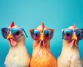 Chicken wearing sunglasses and glasses is a creative animal composition.