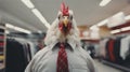 A chicken wearing a tie and shirt in the middle of office, AI