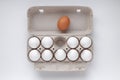 Chicken white eggs in a tray, one brown egg lies on the lid of the tray Royalty Free Stock Photo