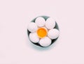 Chicken white eggs,yolk and half eggs in bowl. Concept of foods rich in vitamin D. Diet product. Close-up