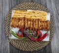 Chicken wings on barbecue grill,cooked on skewers. Deep Roasted Hot, Spicy Buffalo Style Chicken Wings on a Skewer. Appetizer Royalty Free Stock Photo