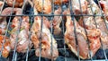 Chicken wings barbecue on a metal grill on hot coals. Royalty Free Stock Photo