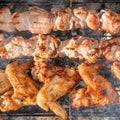 Chicken wings and Juicy roasted kebabs and on the BBQ Royalty Free Stock Photo