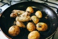 Chicken wings with potatoes lying on the frying pan on the oven. Homemade lunch. Unhealthy food photo with fat Royalty Free Stock Photo