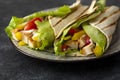 Chicken wrap sandwich with fresh vegetables. Delicious healthy food, dark background Royalty Free Stock Photo