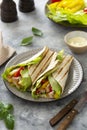 Chicken wrap sandwich with pitta bread and vegetables. Delicious healthy food, home cooking Royalty Free Stock Photo