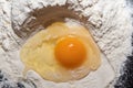 chicken yolk on flour close-up. Broken egg on flour, means for making bread. The process of making dough Royalty Free Stock Photo