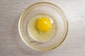 Chicken yolk in a transparent bowl on the kitchen table