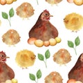 Chickens around quail easter watercolor seamless pattern