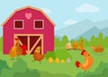 Chickens, cocks and little chicks vector illustration. Funny cartoon birds walking, standing, sitting and running on