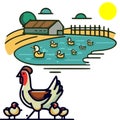 Chickens pond ducks farm sun vector graphic