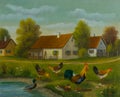 Chickens and ducks at a pond in front of three houses