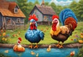 Chickens Farm with farmhouse. Generative AI