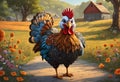 Chickens Farm with farmhouse. Generative AI