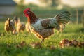 Chickens Feeding in Green Pasture at Golden Hour