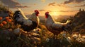 Chickens at Golden Hour Enjoying the Afternoon. Free Range Chickens Enjoying Afternoon generative ai