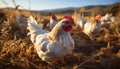 Chickens graze in the meadow, enjoying the sunlight generated by AI Royalty Free Stock Photo