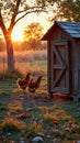 Chickens near wooden coop at sunset in rustic countryside setting Royalty Free Stock Photo