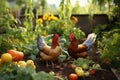 chickens pecking at vegetables in garden