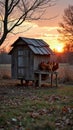 Chickens perched on rustic coop at sunset in serene countryside Royalty Free Stock Photo