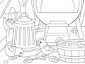 Chickens are playing in the coop. Childrens coloring, black lines, white background.