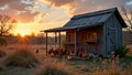 Chickens roaming around rustic coop at sunset in rural landscape Royalty Free Stock Photo